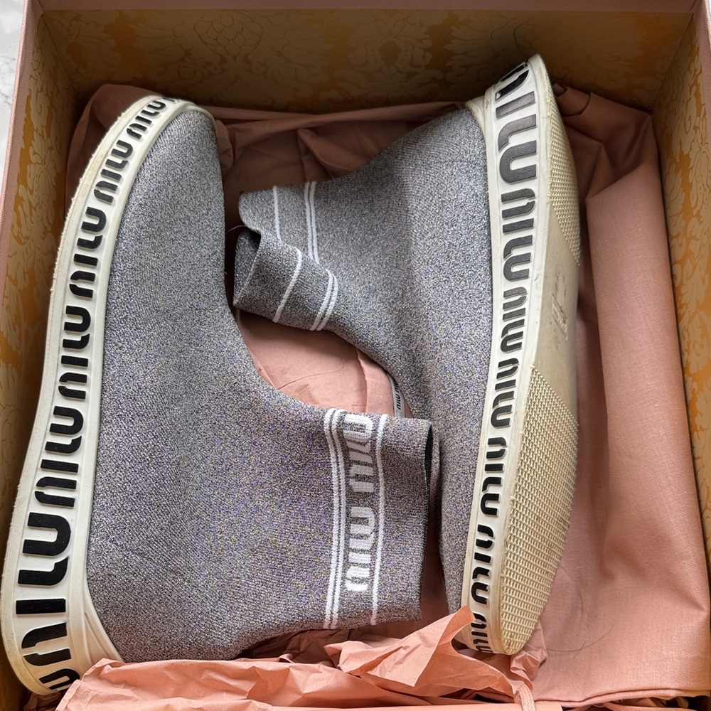 Miu Miu Gray Knit High-Top Sneakers